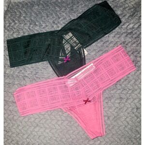 Victoria's‎ Secret Sheer Mesh Plaid Lace Thong Panty Set Green Pink XS NWT 2PK